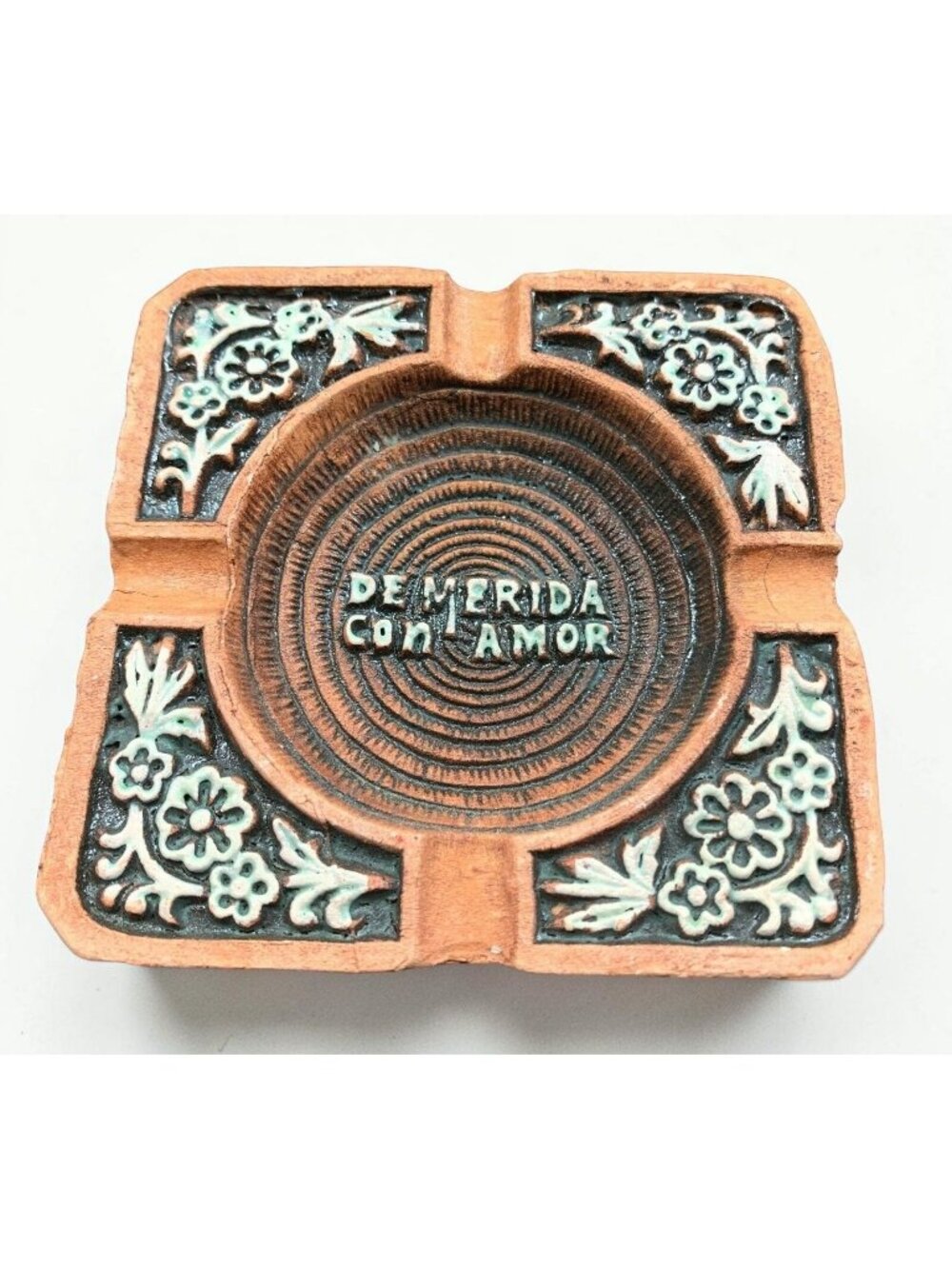 Terracotta Ashtray Travel Souvenir From Merida Mexico with Love Vintage Floral
